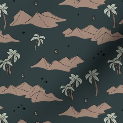 Sahara oasis desert dunes and palm trees with birds and moonlight night blue beige sage green