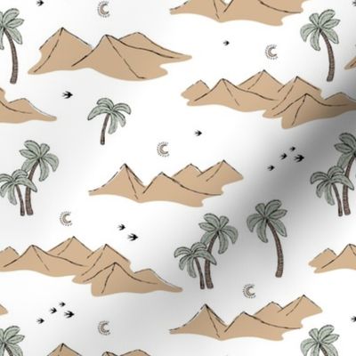 Sahara oasis desert dunes and palm trees with birds and moonlight beige caramel sage green on white