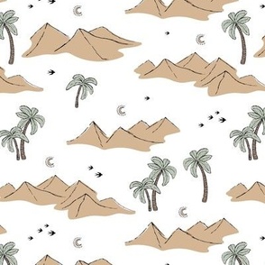 Sahara oasis desert dunes and palm trees with birds and moonlight beige caramel sage green on white