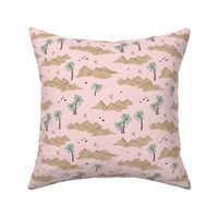 Sahara oasis desert dunes and palm trees with birds and moonlight beige caramel sage green on blush pink 