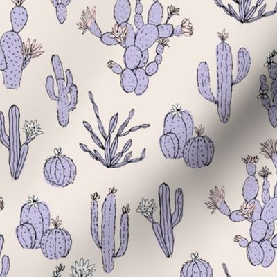 Messy freehand summer cacti garden boho style moroccan botanical cactus design lilac on ivory cream nineties palette 