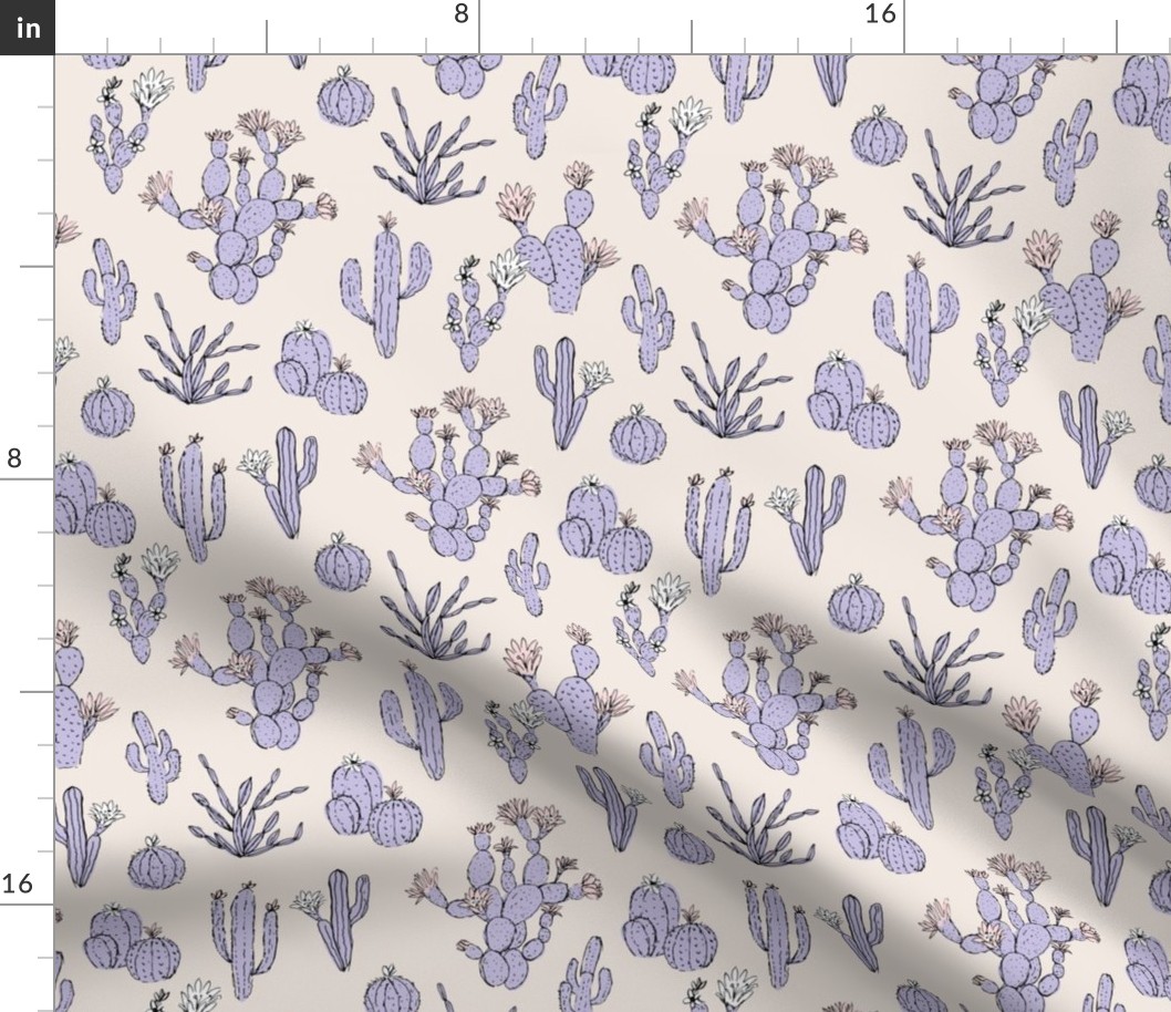 Messy freehand summer cacti garden boho style moroccan botanical cactus design lilac on ivory cream nineties palette 