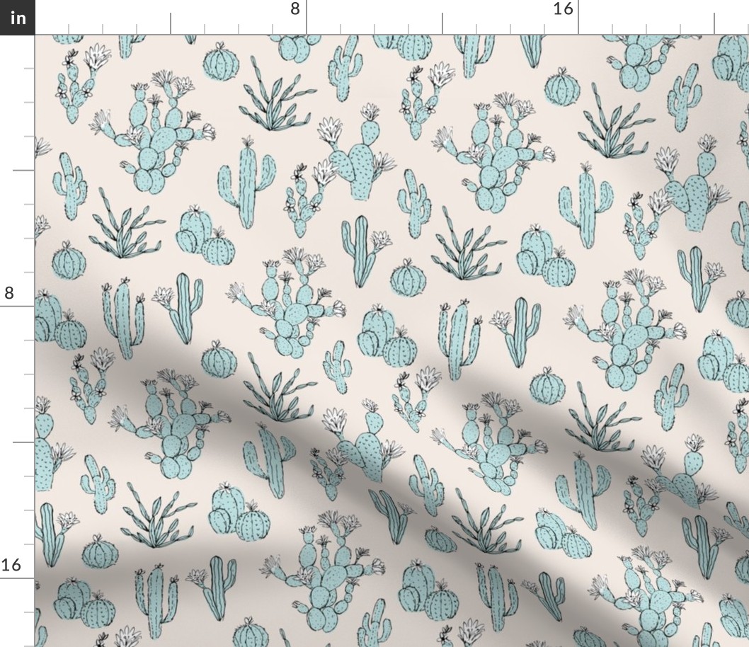 Messy freehand summer cacti garden boho style moroccan botanical cactus design soft blue on ivory cream 