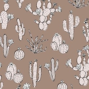 Messy freehand summer cacti garden boho style moroccan botanical cactus design sand on latte brown 