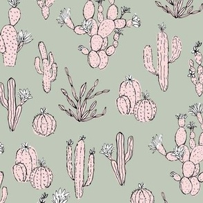 Messy freehand summer cacti garden boho style moroccan botanical cactus design sage green pink 