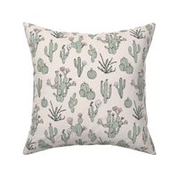 Messy freehand summer cacti garden boho style moroccan botanical cactus design sage green on ivory cream 