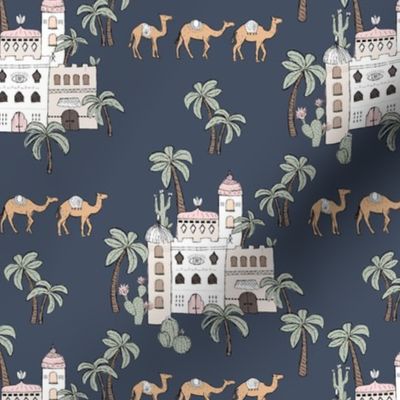 Moroccan castle and architecture with camels and palm trees arabic dreams travel design on midnight blue 