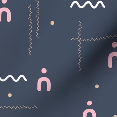 Abstract modern kelim design with curves and waves maroccan berber plaid theme pink beige on midnight blue