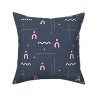 Abstract modern kelim design with curves and waves maroccan berber plaid theme pink beige on midnight blue