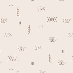 Abstract modern eyes and kelim symbols design with curves and waves maroccan berber plaid minimalist boho theme latte brown on sand ivory