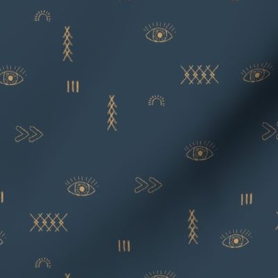 Abstract modern eyes and kelim symbols design with curves and waves maroccan berber plaid minimalist boho theme golden caramel on midnight blue