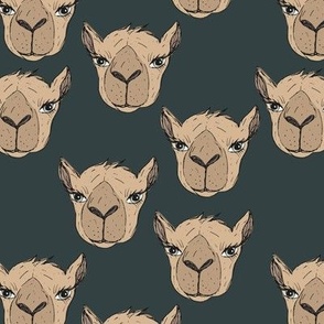 Freehand camel faces - Maroccan desert series hand drawn camels on deep pine green 
