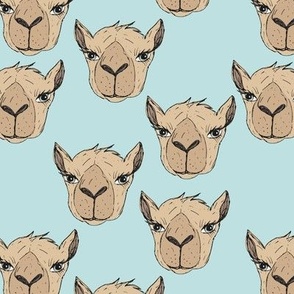 Freehand camel faces - Maroccan desert series hand drawn camels on light blue