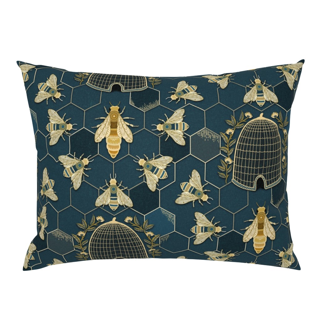 The Queen and her team - queen bee, bees, bee hive, hexagons - dark teal green and gold - large