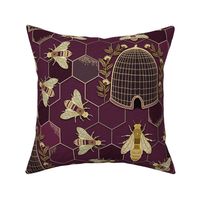 The Queen and her team - queen bee, bees, bee hive, hexagons - berry and gold - large