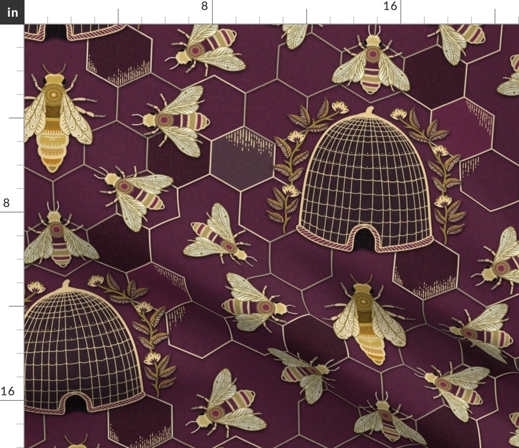 The Queen and her team - queen bee, bees, bee hive, hexagons - berry and gold - large