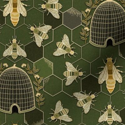 The Queen and her team - queen bee, bees, bee hive, hexagons - olive green and gold - medium