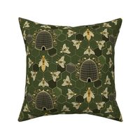 The Queen and her team - queen bee, bees, bee hive, hexagons - olive green and gold - medium