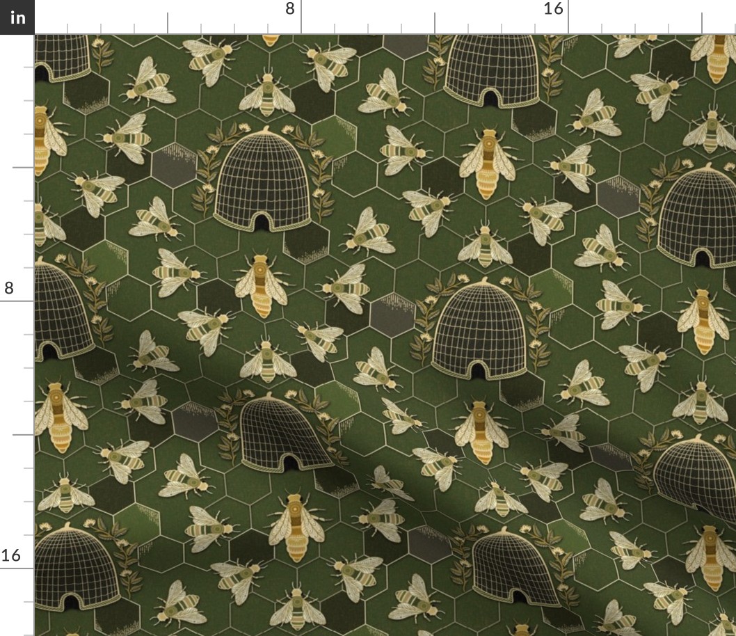 The Queen and her team - queen bee, bees, bee hive, hexagons - olive green and gold - medium