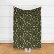 The Queen and her team - queen bee, bees, bee hive, hexagons - olive green and gold - large