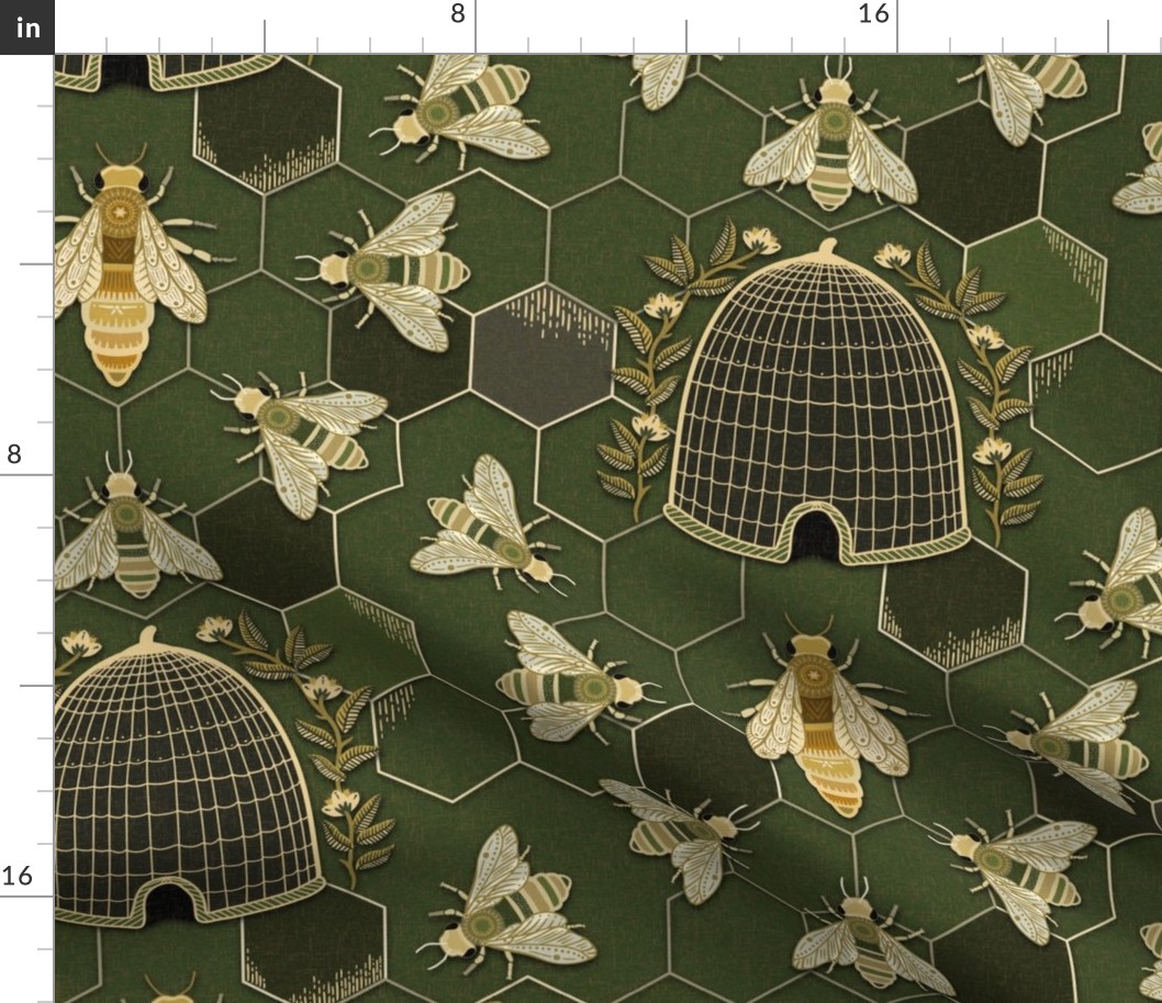 The Queen and her team - queen bee, bees, bee hive, hexagons - olive green and gold - large