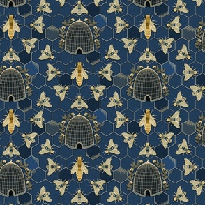 The Queen and her team - queen bee, bees, bee hive, hexagons - dark blue and gold - medium