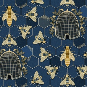 The Queen and her team - queen bee, bees, bee hive, hexagons - dark blue and gold - large