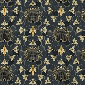 The Queen and her team - queen bee, bees, bee hive, hexagons - charcoal grey and gold - medium