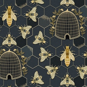 The Queen and her team - queen bee, bees, bee hive, hexagons - charcoal grey and gold - large