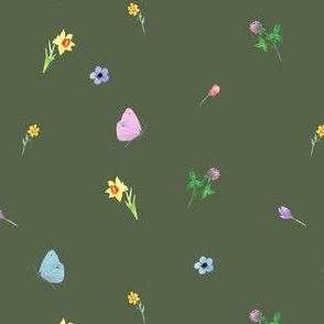 small flowers and butterflies - green