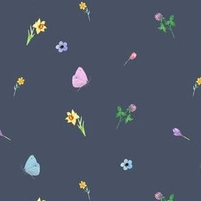 small flowers and butterflies - navy