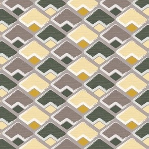 (S) horizontal rhombus in taupe brown, flax yellow, ebony grey and goldenrod yellow with texture on grey