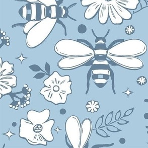 
Blooming Flowers and Bees on Blue / Medium Scale
