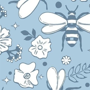 Blooming Flowers and Bees on Blue / Large Scale
