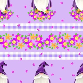 Parade of  Gnomes! Plaids and Flowers in Rows purple 