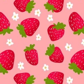 Strawberry Pattern with Flowers Pink