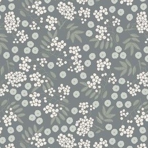 (S) white rowan berries with light olive green leaves and ash grey flowers on taupe grey