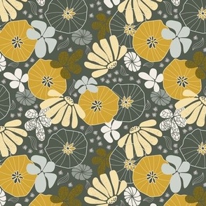 (S) hand-drawn flowers in vanilla white, ash grey, olive green, dark goldenrod yellow on olive green