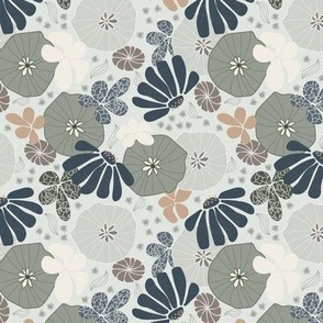 (S) hand-drawn flowers in vanilla white, ash grey, olive green, charcoal gray, sand brown on platinum grey