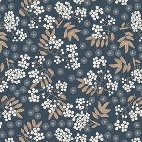 (S) white rowan berries with brown leaves and grey flowers on charcoal grey