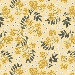 (S) goldenrod yellow rowan berries with dark green leaves and white flowers on  flax yellow