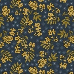 (S) goldenrod yellow rowan berries with olive green leaves and dark grey flowers on charcoal grey