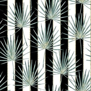 Palm leaves on black and white stripes glittered