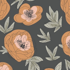 Outlined Flowers // Soft Black, Peach & Orange // Large-Scale // 24 x24 inch repeat // 