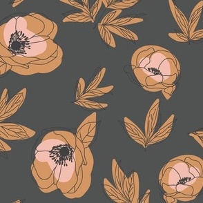 Small Outlined Flowers // Orange on Charcoal Black // 