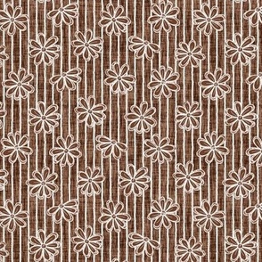 Scattered White Flowers and Sketchy Stripes on Cinnamon Woven Texture