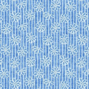 Scattered White Flowers and Sketchy Stripes on Cornflower Blue Woven Texture