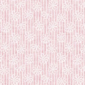 Scattered White Flowers and Sketchy Stripes on Cotton Candy Woven Texture