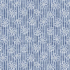 Scattered White Flowers and Sketchy Stripes on Dusty Blue Texture