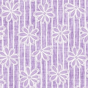 Medium Scattered White Flowers and Sketchy Stripes on Dusty Lavender Texture